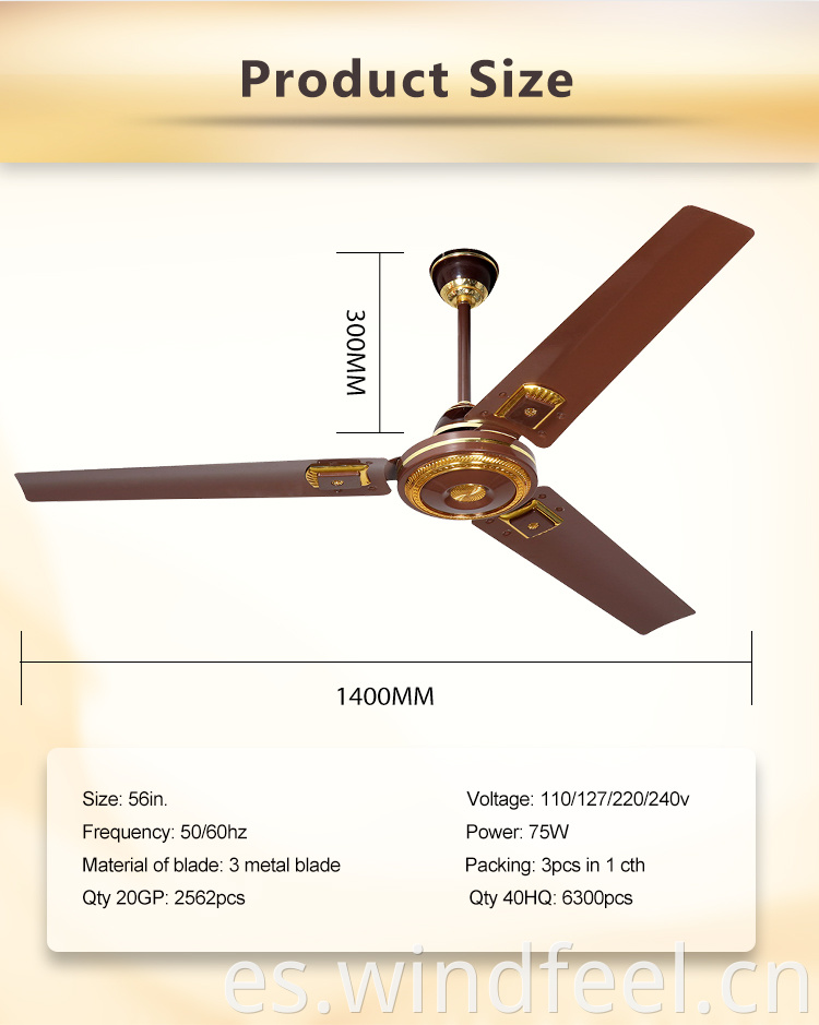 56 pulgadas de 1400 mm marrón plumón de cobre puro de cobre ventilador de techo a ghana